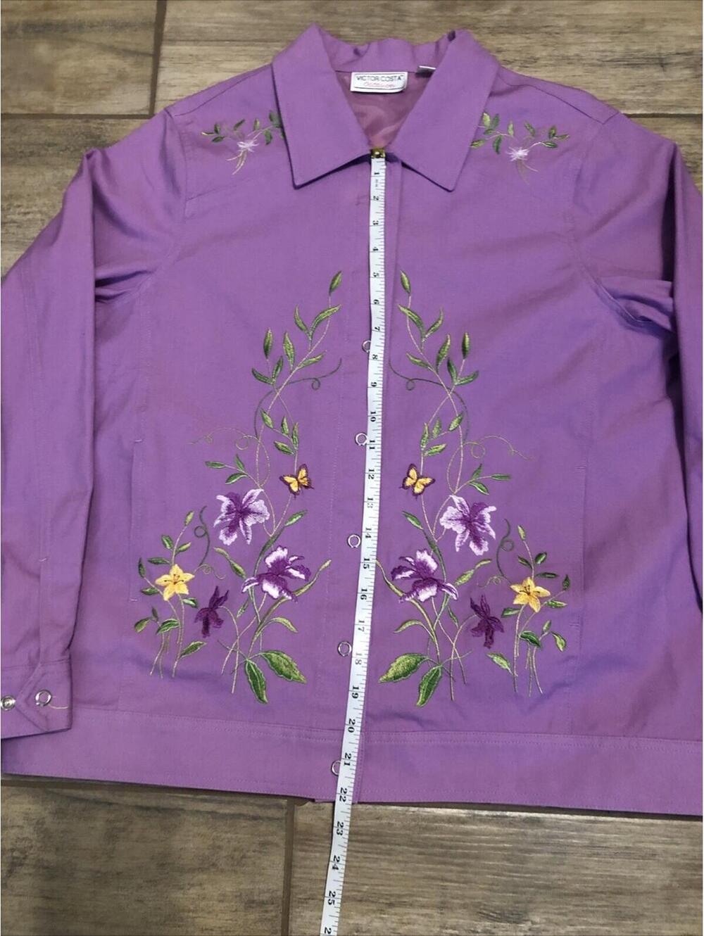 Vtg Victor Costa Womens Purple Denim/canvas Jacket Embroidered  Snap‎ Collared M - Picture 8 of 15